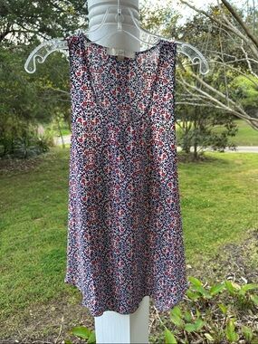 LOFT Navy and Orangey-Red Floral Print Sleeveless Blouse